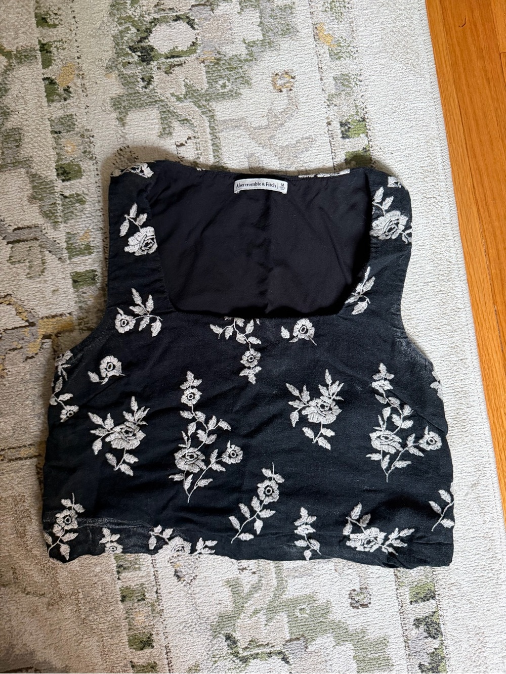 Abercrombie & Fitch Black Crop Tank with White Floral Embroidery